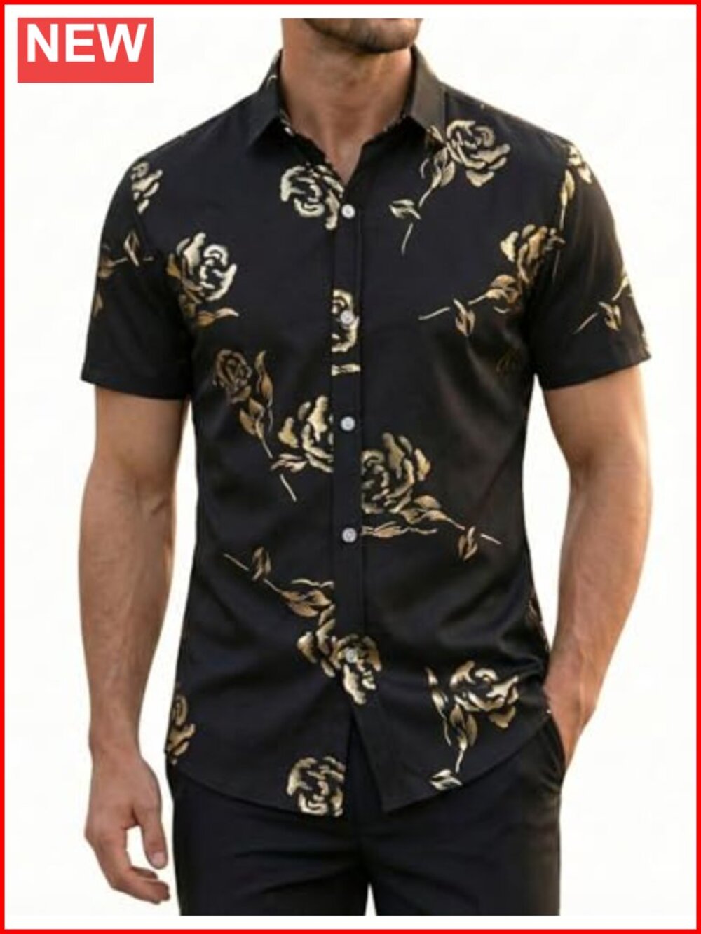 Mens Shiny Floral Printed Short Sleeve Button Down Dress Shirt Slim Fit